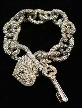 TRACI LYNN Pave Crystal Chain Bracelet Heart Lock Key Charm Chunky Statement